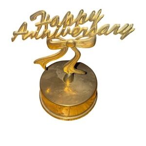 Brass Flambro Happy Anniversary Wind-Up Musical Music Box Figurine Gold Tone MCM